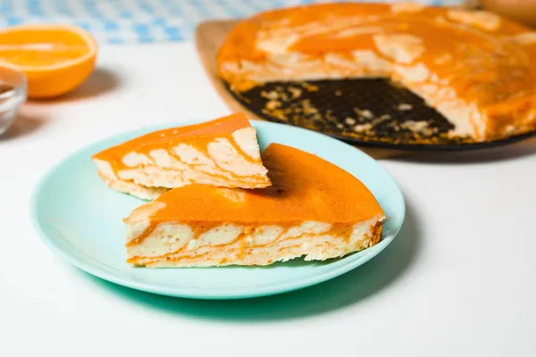 Pumpkin Casseroles Zebra Shaped Cottage Cheese Autumn Orange Pie Cut — Stock Photo, Image