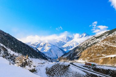 north Ossetia is mountainous in winter. Snowy mountain landscape. panorama of the winter landscape. resort area. rocks panoramic view.