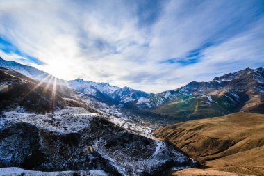 North Ossetia is a mountainous area in winter. Snowy mountain landscape. panorama of the winter landscape. resort area.