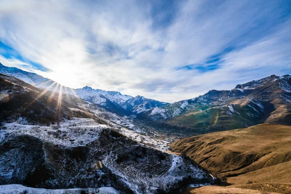 North Ossetia Mountainous Area Winter Snowy Mountain Landscape Panorama Winter — Zdjęcie stockowe