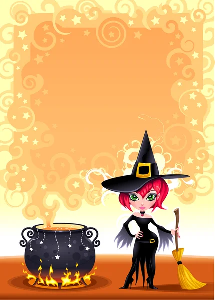 Funny witch with pot. — Stock Vector