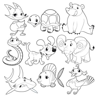 Set of animals in black and white vector