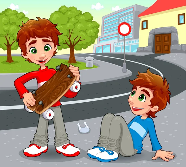 Twins with an homemade skateboard. — Stock Vector