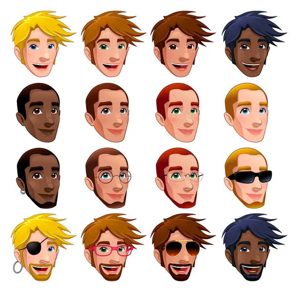 Male faces, vector isolated characters. — Stock Vector