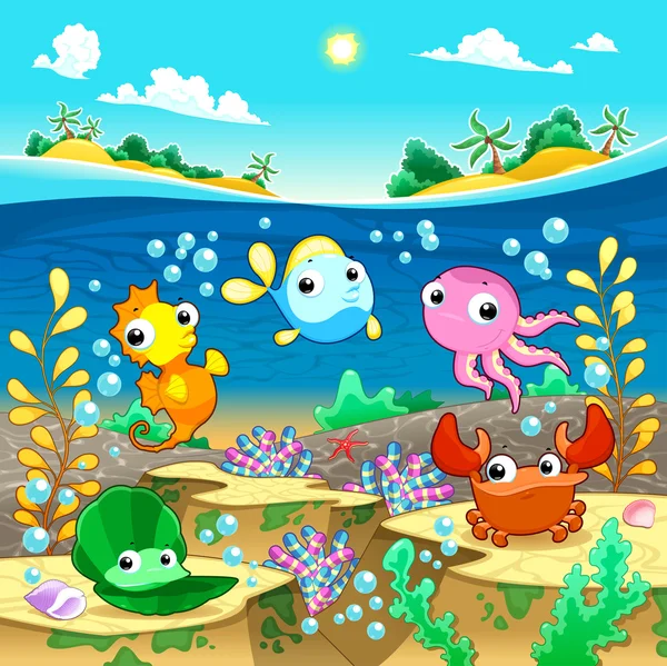 Happy marine family under the sea. — Stock Illustration Happy marine family under the sea. Vector Graphics