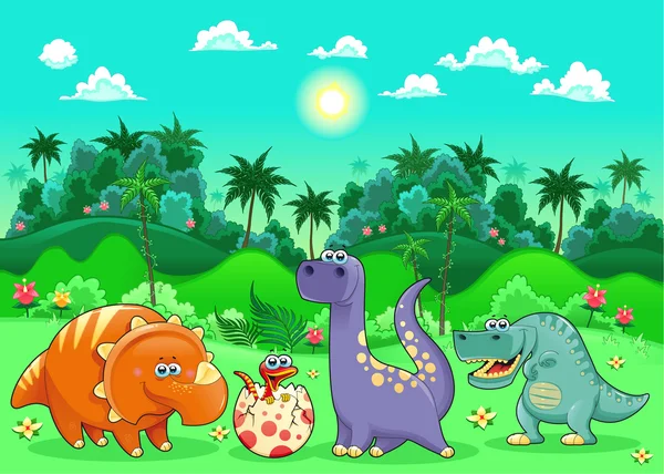 Funny dinosaurs in the forest. Vector Graphics