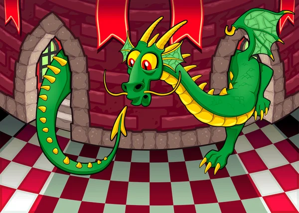 Dentro del castillo con dragón . — Vector de stock