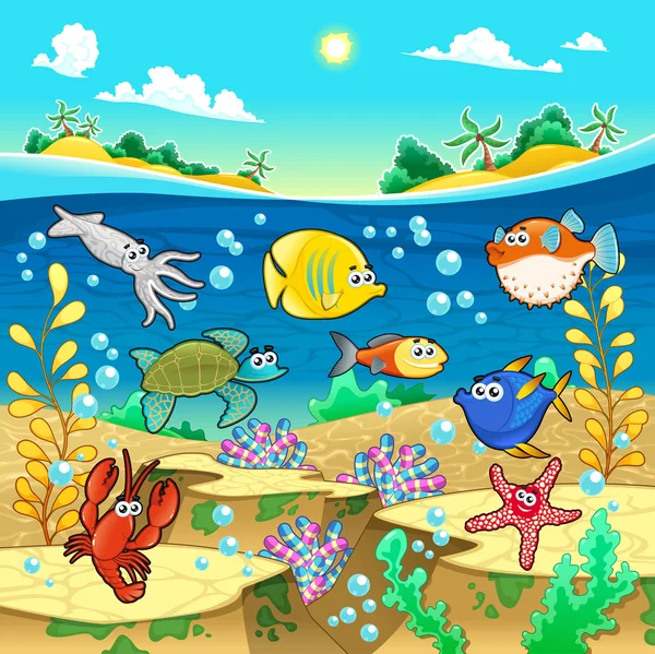 Familia de peces divertidos en el mar . — Vector de stock