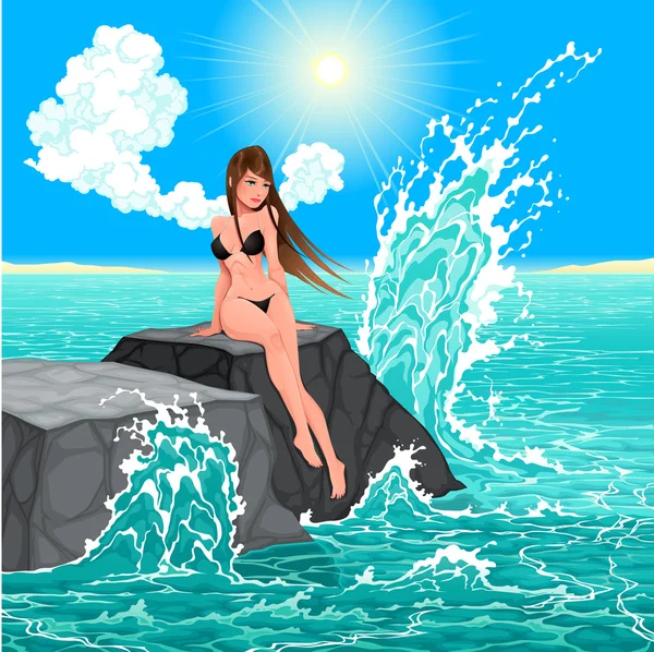 Mulher bonita e o mar . —  Vetores de Stock