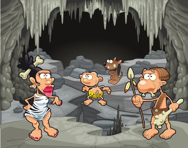 Mağaranın içinde komik Tarih öncesi aile. — Stok Vektör