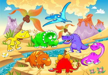 dinozorlar gökkuşağı peyzaj.
