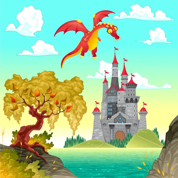 Paysage fantastique avec château et dragon . — Image vectorielle