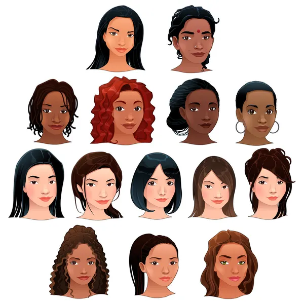 インド、黒、アジアおよびラテン アメリカ系女性. — ストックベクタ