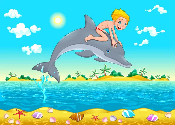 The boy and the dolphin in the sea. — Stock Vector