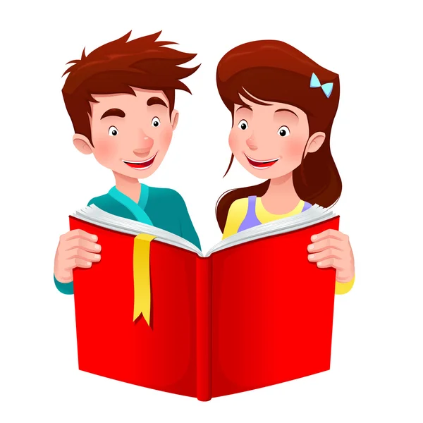 Menino e menina estão lendo um livro . —  Vetores de Stock