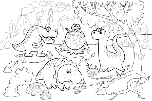 Dinosaurios divertidos en un paisaje prehistórico, blanco y negro . — Vector de stock