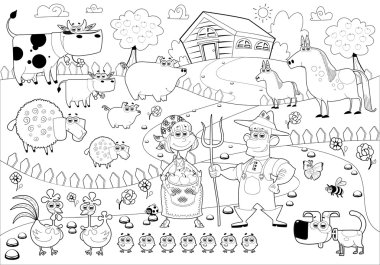 Funny farm family in black and white.