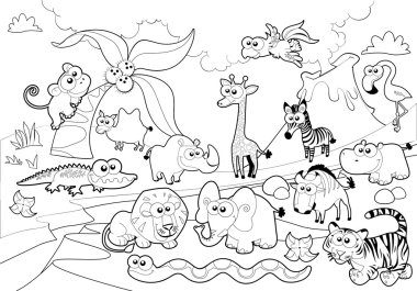 Savannah animal family with background in black and white. vector
