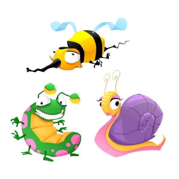 Dos insectos divertidos y un caracol . — Vector de stock