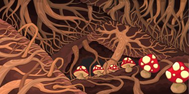 Underground with roots and mushrooms.  clipart