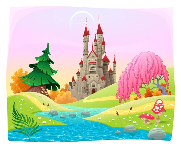 Paisaje mitológico con castillo medieval . — Vector de stock