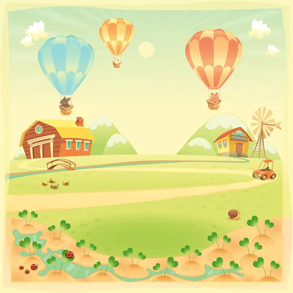 Paisaje divertido con granja y globos de aire caliente — Vector de stock