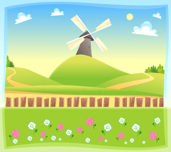 Funny landscape with windmill. — Stock Vector