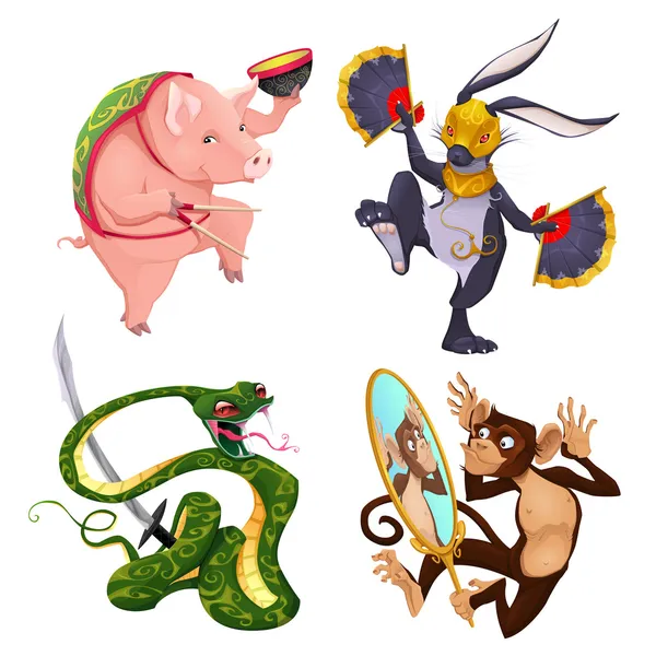 Pig, rabbit, snake and monkey. — Stock Vector