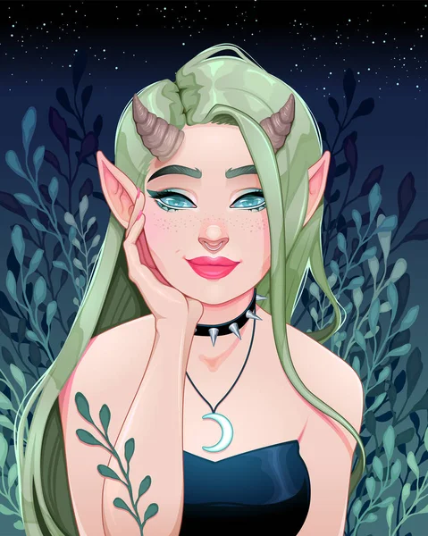 Portrait Fairy Horns Vector Fantasy Illustration — ストックベクタ