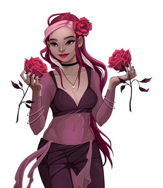 Krásná Žena Rudými Růžemi Vektorový Kreslený Izolovaný Znak — Stockový vektor