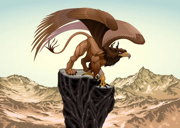 Gryphon Half Eagle Half Lion Gazes Horizon Mountains Vector Fantasy — Vettoriale Stock