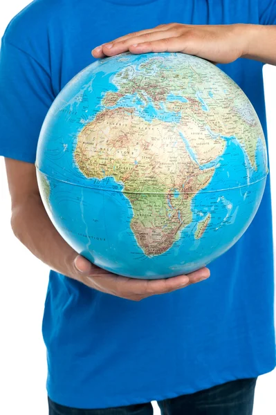 Guy holding globe, closeup shot — Stock Photo, Image