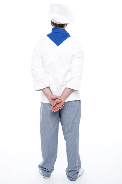 Vista trasera del chef masculino posando con las manos detrás — Foto de Stock