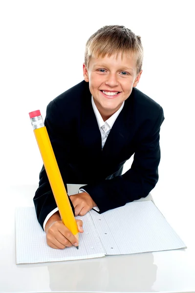 Encantador chico de escuela escribiendo su asignación —  Fotos de Stock