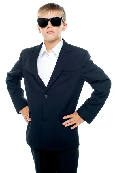 Confident little master wearing suit and shades — Stock Photo, Image