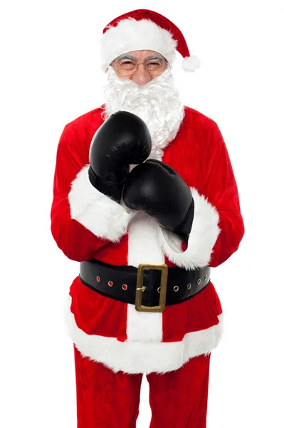 Aged cheerful Santa wearing boxing gloves — Stock Photo, Image