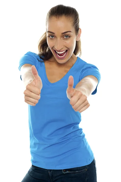 Overjoyed woman showing double thumbs up — Stock Photo, Image