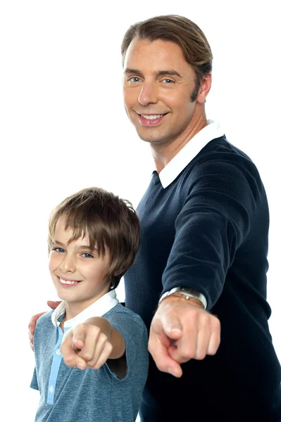 Charming father and son pointing at you — Stock Photo, Image