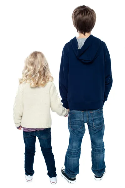 Rear view of two little kids. Boy holding his sister. — Stock Photo, Image