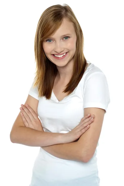 Modne młoda dziewczyna dziewiczy biały t-shirt — Zdjęcie stockowe