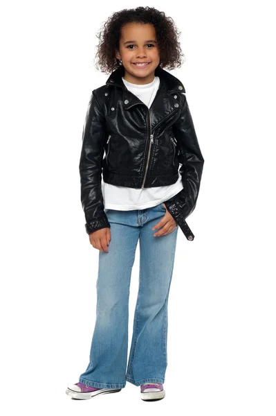 Charming young girl in bikers leather jacket — Stock Photo, Image