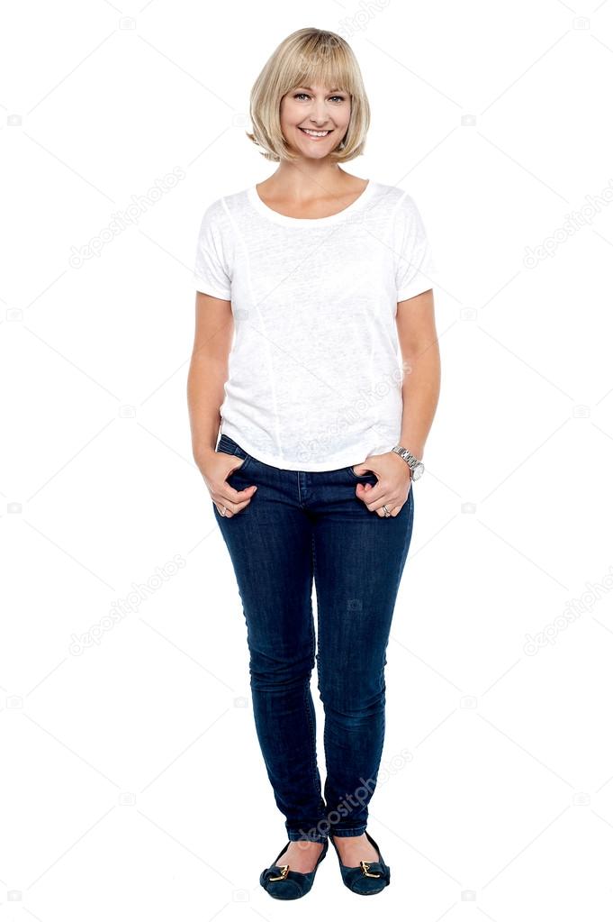 Full length portrait of trendy middle aged woman