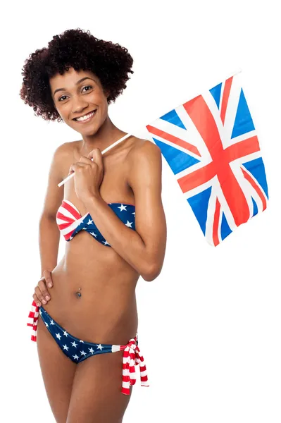 Modelo bikini estrellas y rayas con bandera del Reino Unido — Foto de Stock