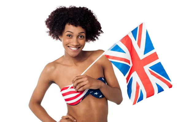 United Kingdom supporter in American flag bikini — Stock Photo, Image