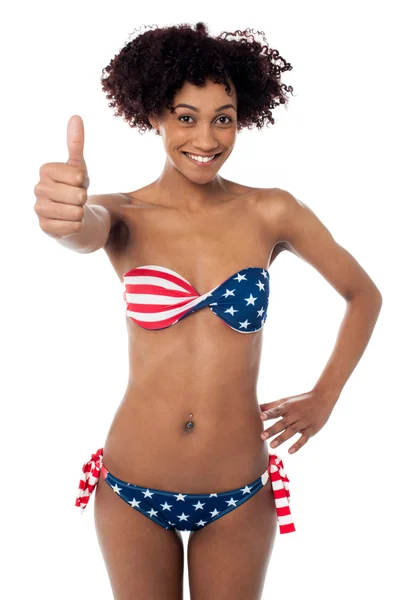 United States flag bikini model gesturing thumbs up — Stock Photo, Image