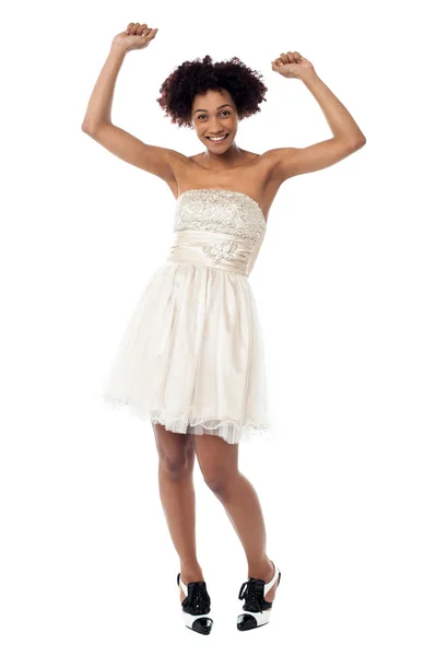 Delighted young lady partying and dancing — Stock Photo, Image
