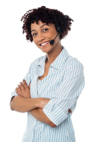 Confiante sorridente telecaller feminino — Fotografia de Stock