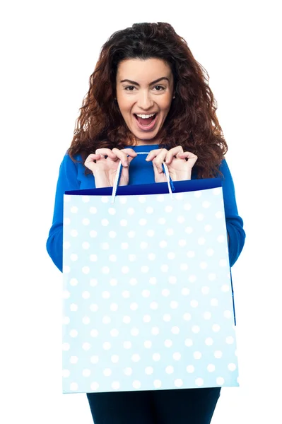 Excited woman holding shopping bags gently — Stock Photo, Image