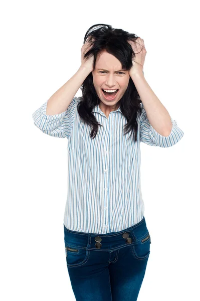 Frustrated young lady screaming loud — Stock Photo, Image