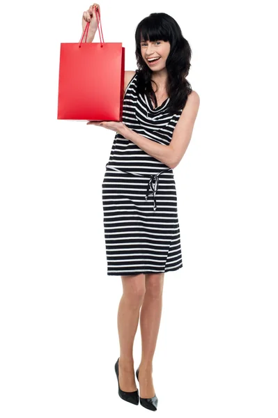 Stylish young lady presenting shopping bag — Stock Photo, Image